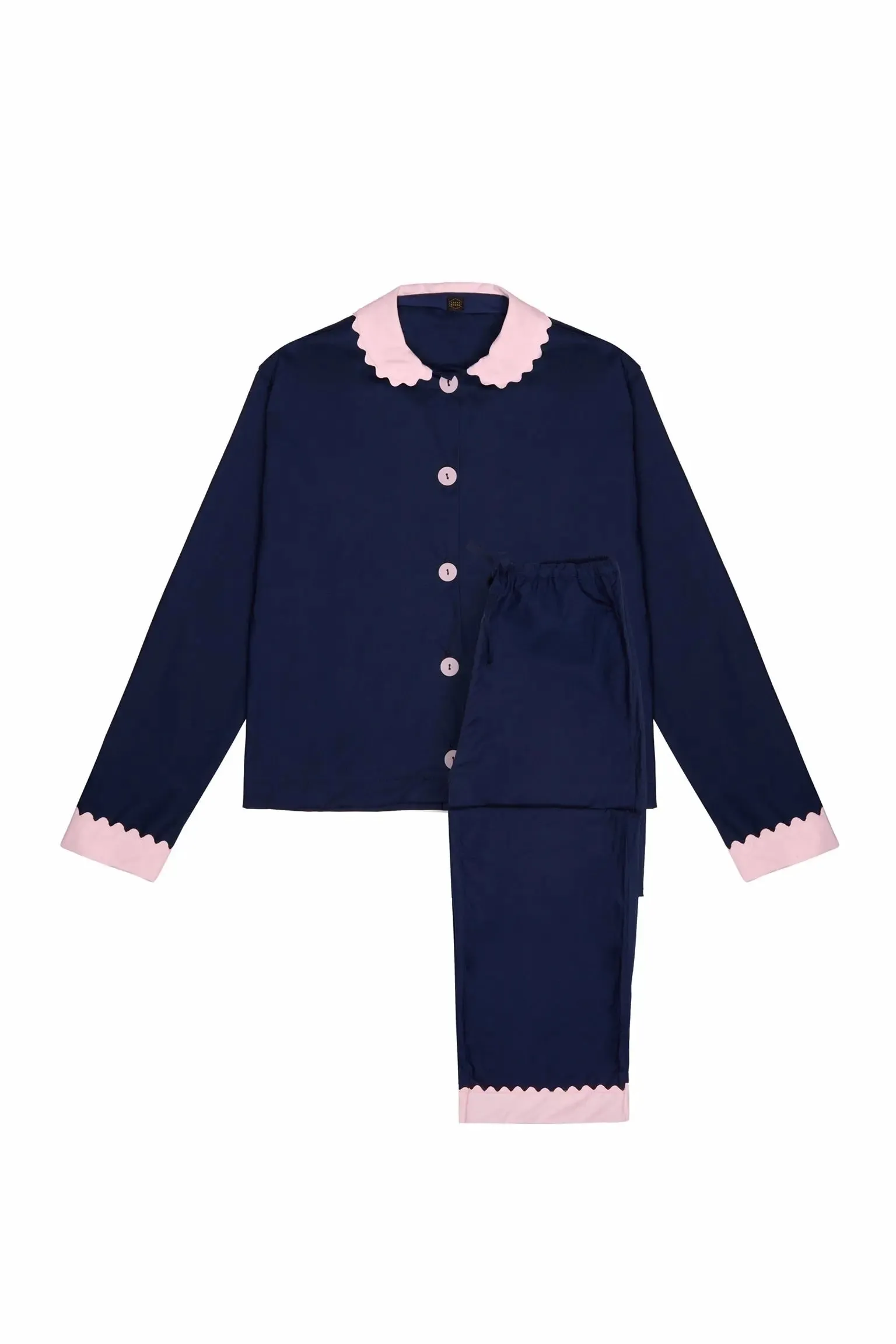 100% Cotton Poplin Navy Long Pyjamas With Pink Collar and Cuffs With Ric Rac Trim