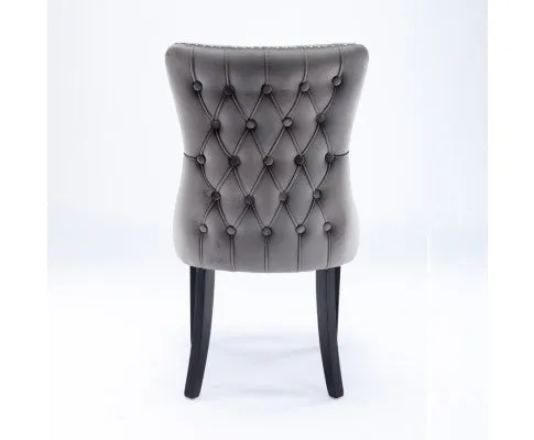 2x Velvet Upholstered Dining Chairs Tufted Wingback Side Chair with Studs Trim Solid Wood Legs for Kitchen