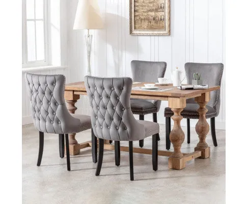 2x Velvet Upholstered Dining Chairs Tufted Wingback Side Chair with Studs Trim Solid Wood Legs for Kitchen