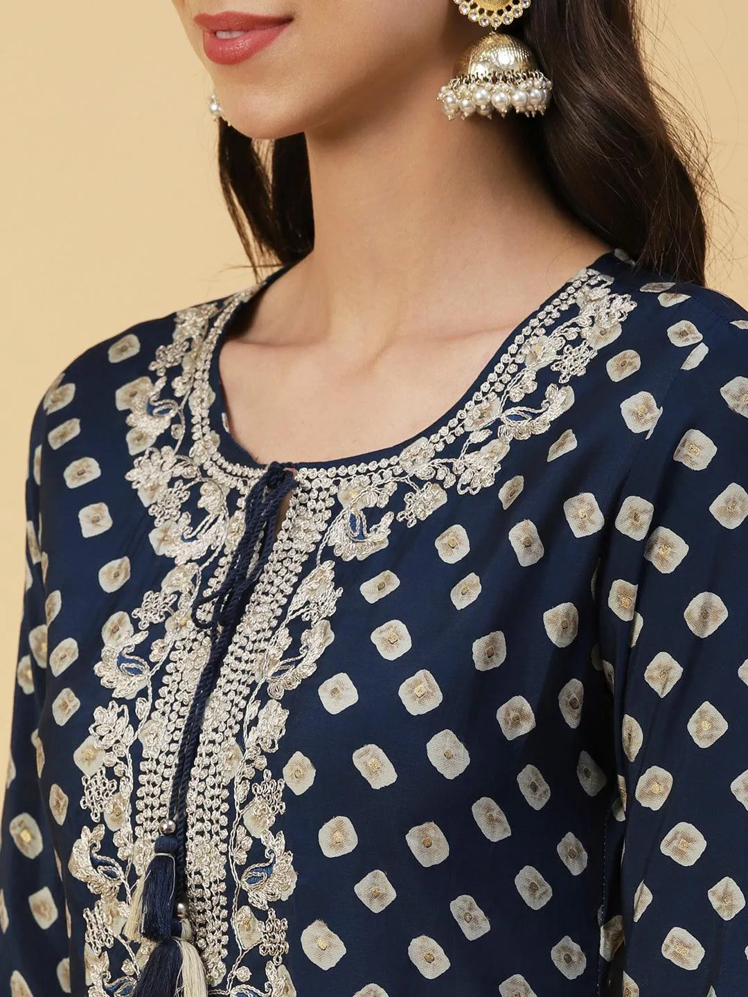 Abstract Printed Zari Dori Embroidered Kurta With Pants & Dupatta - Navy Blue