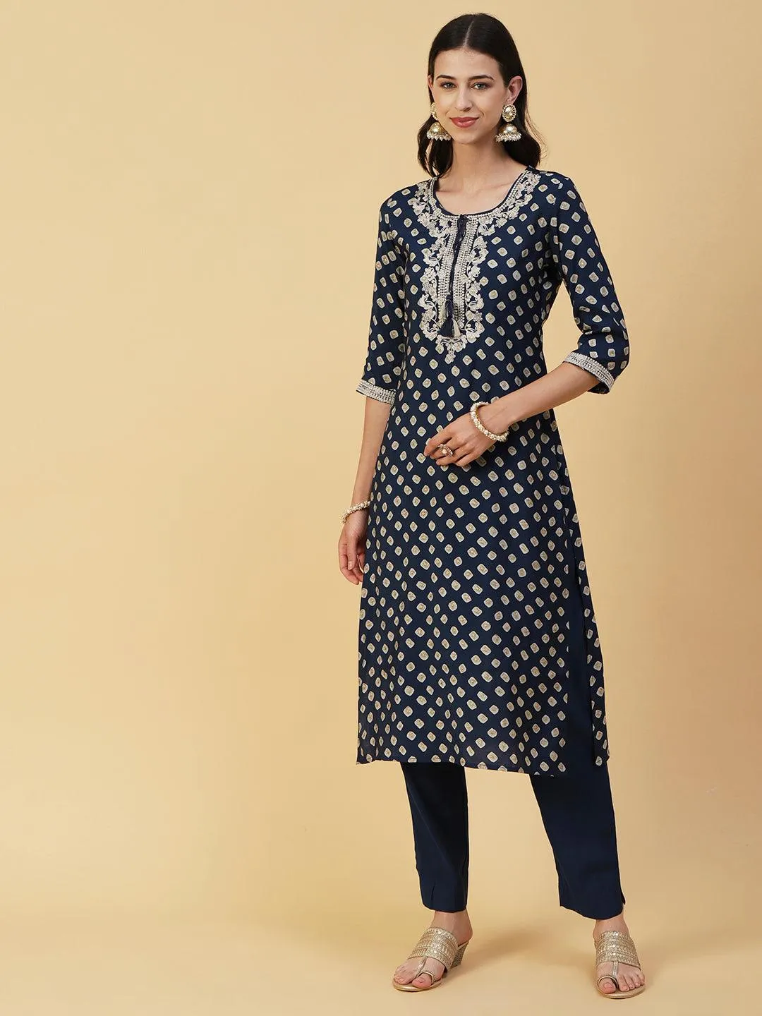 Abstract Printed Zari Dori Embroidered Kurta With Pants & Dupatta - Navy Blue