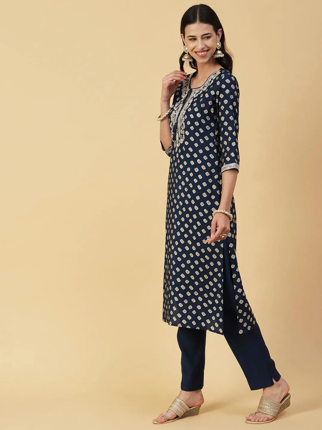 Abstract Printed Zari Dori Embroidered Kurta With Pants & Dupatta - Navy Blue