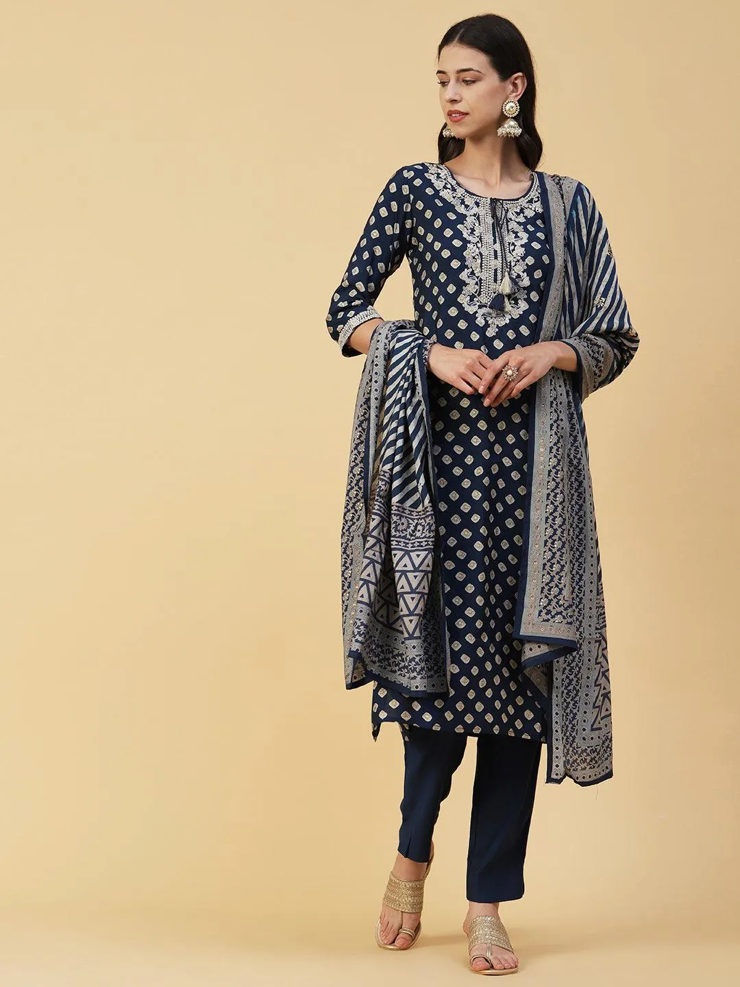 Abstract Printed Zari Dori Embroidered Kurta With Pants & Dupatta - Navy Blue