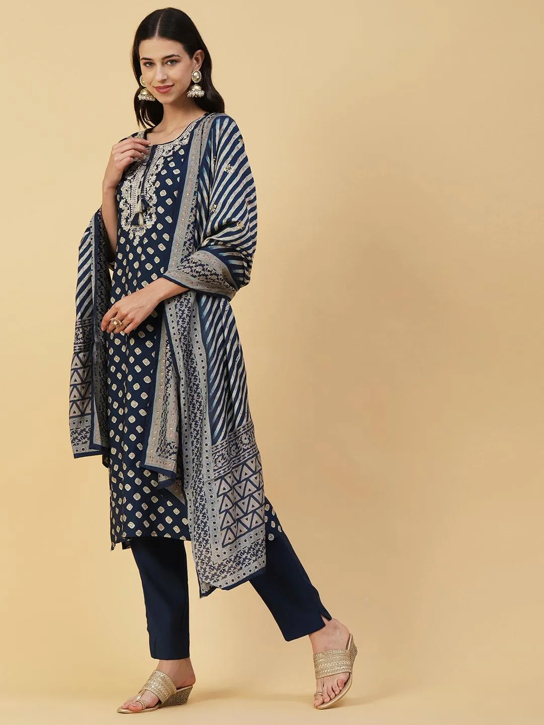 Abstract Printed Zari Dori Embroidered Kurta With Pants & Dupatta - Navy Blue