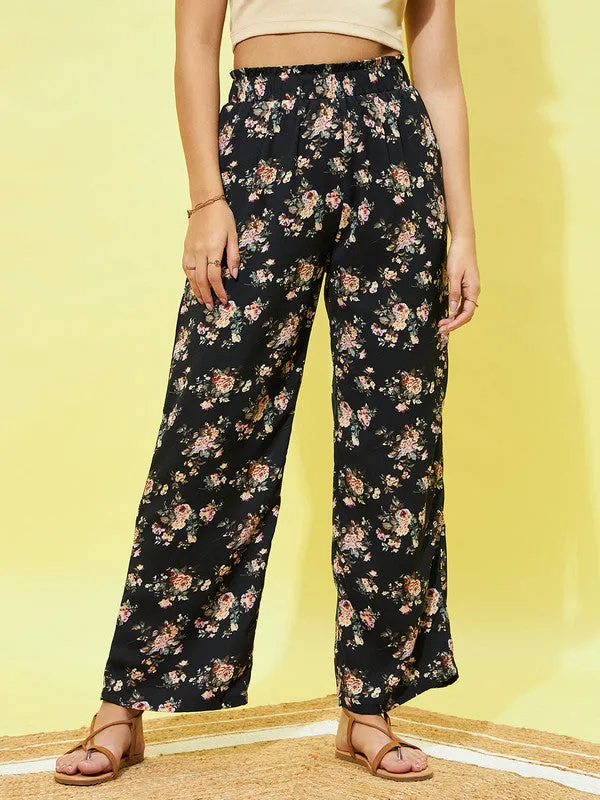 Berrylush Women Black Floral Printed High-Rise Elastic Waist Loose-Fit Slip-On Pleated Regular Trousers