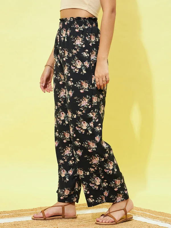 Berrylush Women Black Floral Printed High-Rise Elastic Waist Loose-Fit Slip-On Pleated Regular Trousers