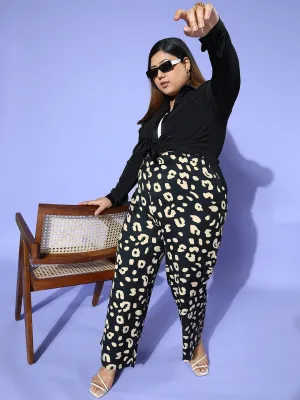 Berrylush Women Plus Size Black & White Animal Printed High-Rise Elastic Waist Slip-On Regular Trousers