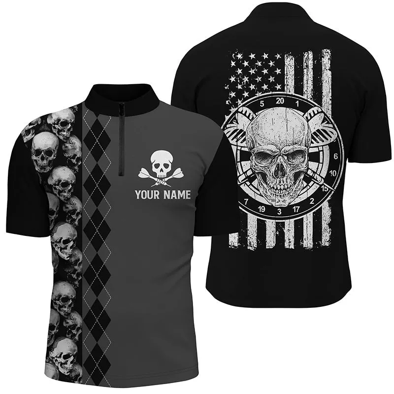 Black Grey Argyle Skull Darts Quarter-Zip Shirt American Flag Patriotic Dart Jersey For Men, Skull Shirt
