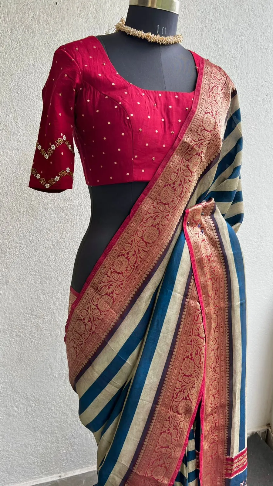 Blue & cream silk saree with hand worked blouse