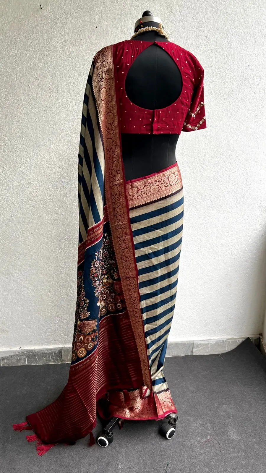 Blue & cream silk saree with hand worked blouse