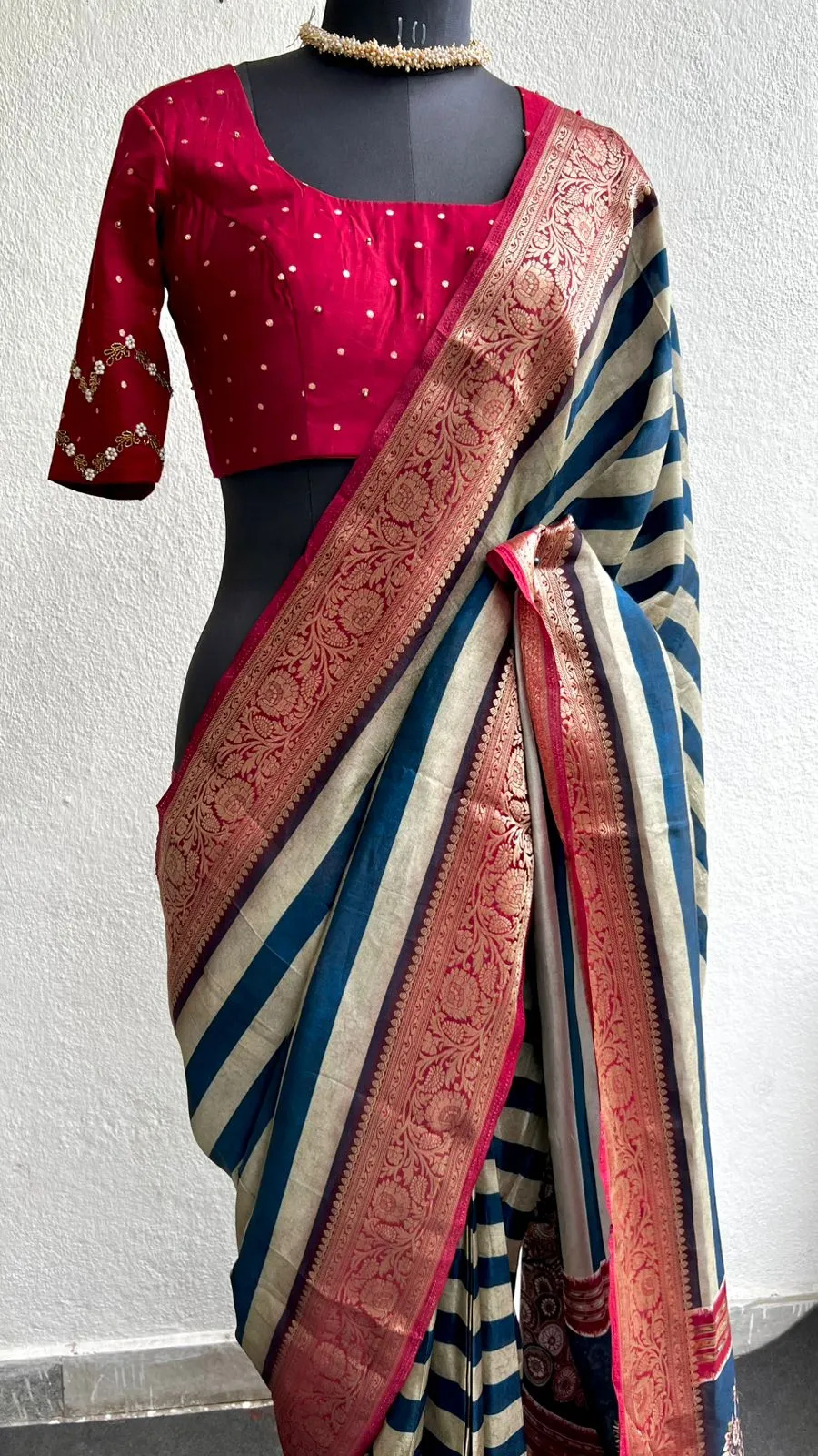 Blue & cream silk saree with hand worked blouse