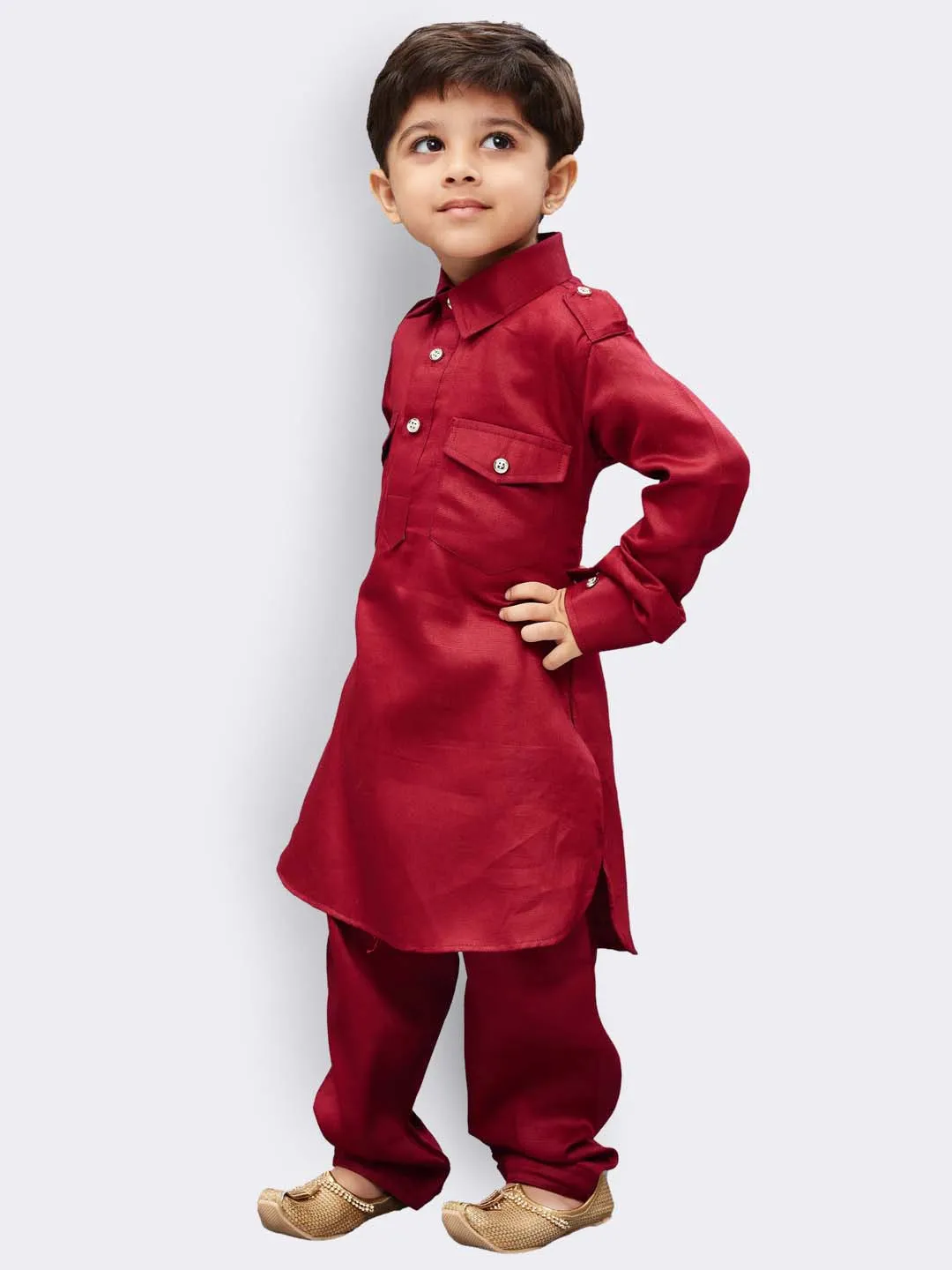 Boy's Maroon Cotton Pathani Kurta Set - JBN Creation