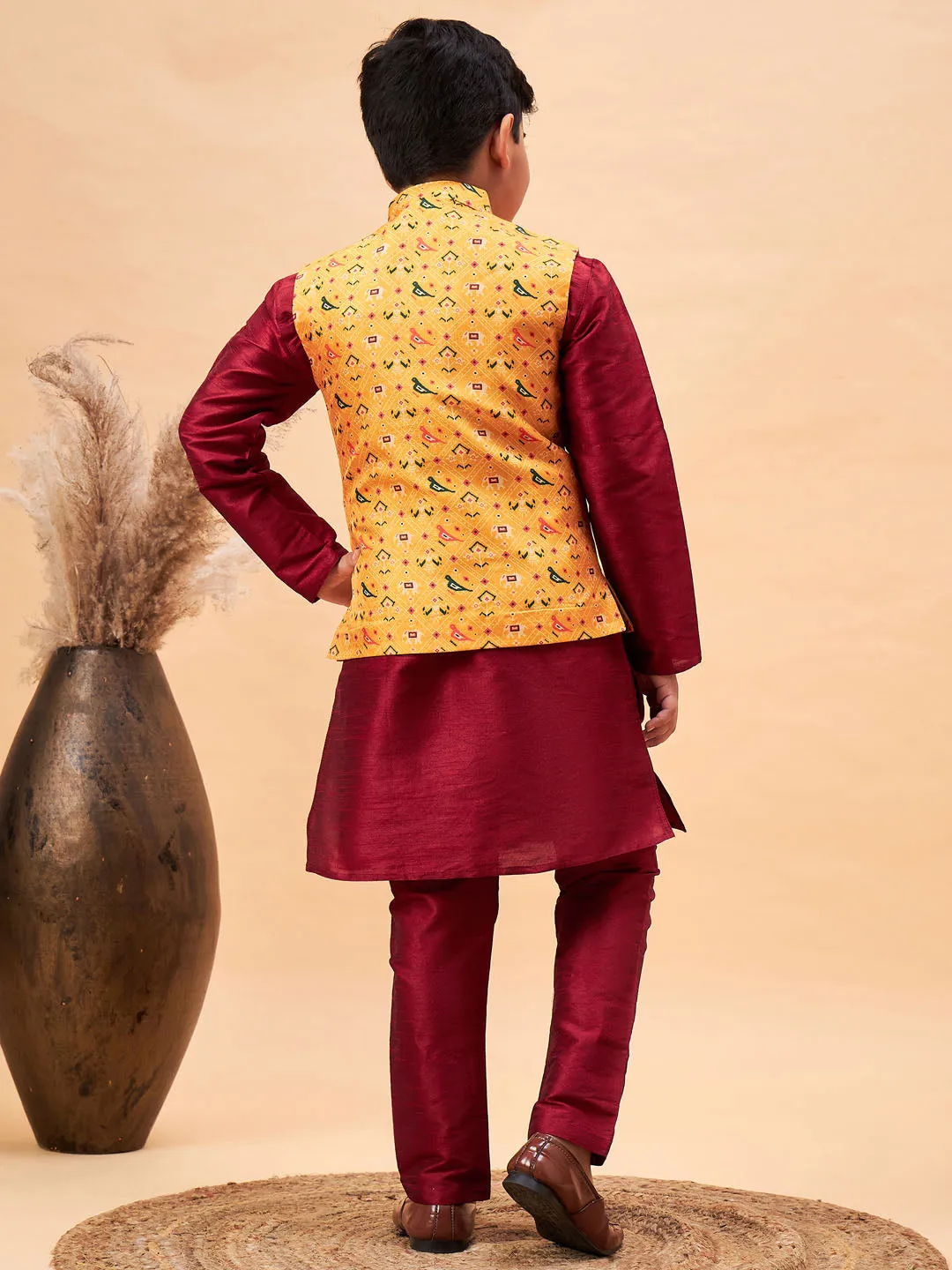 Boy's Maroon Jacket, Kurta And Pyjama Set - Vastramay Boys