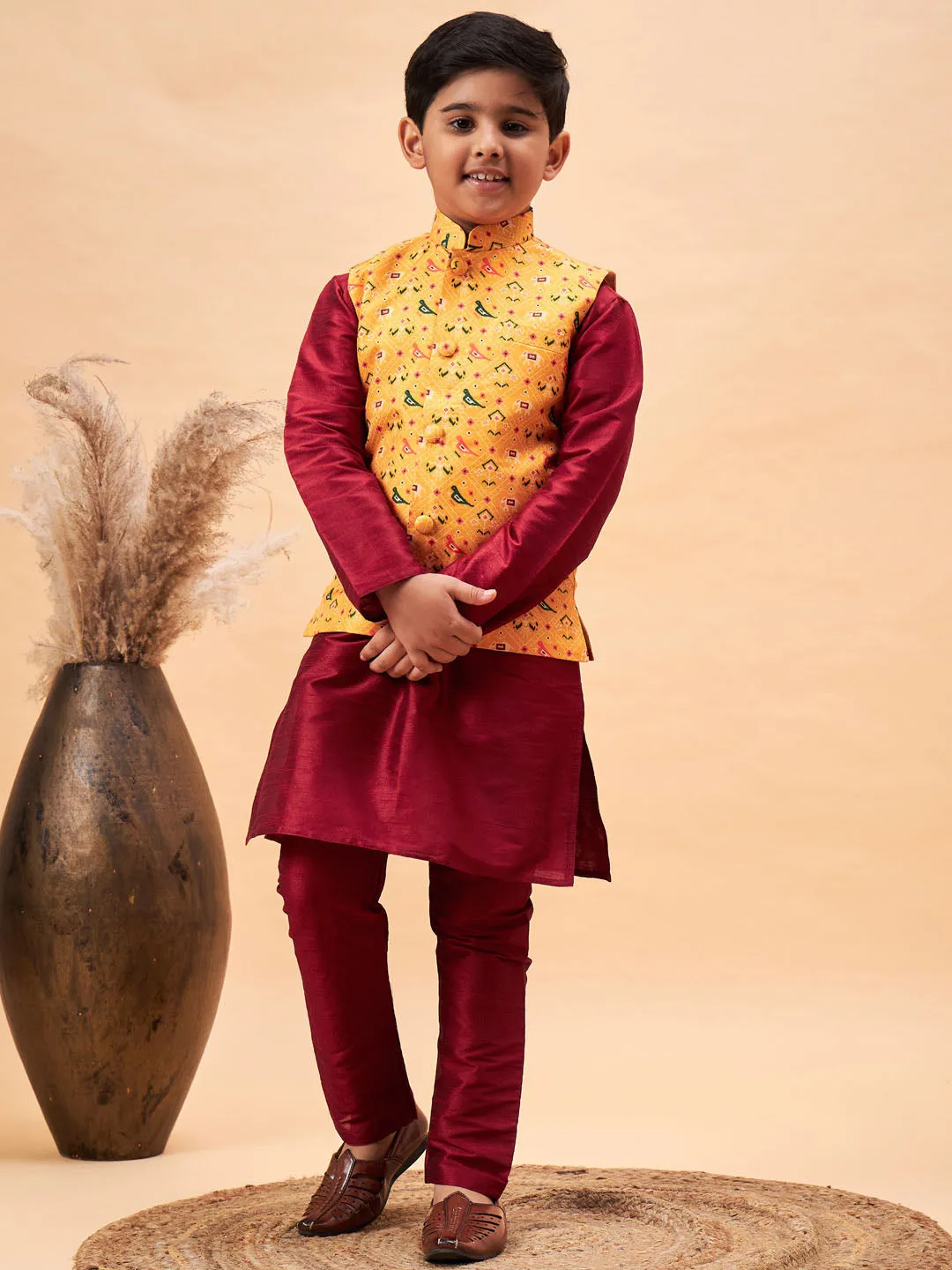 Boy's Maroon Jacket, Kurta And Pyjama Set - Vastramay Boys