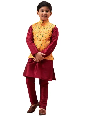 Boy's Maroon Jacket, Kurta And Pyjama Set - Vastramay Boys