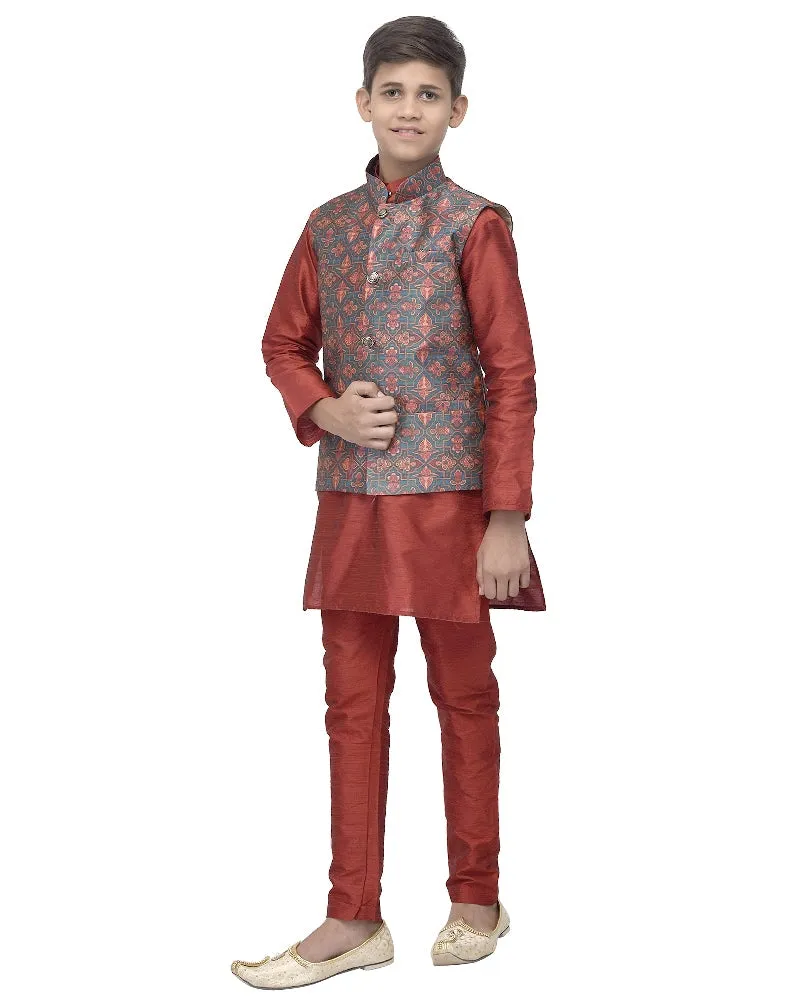 Boy's Maroon Kurta Pyjama & Green Printed Nehrujacket - Benstoke KIDS