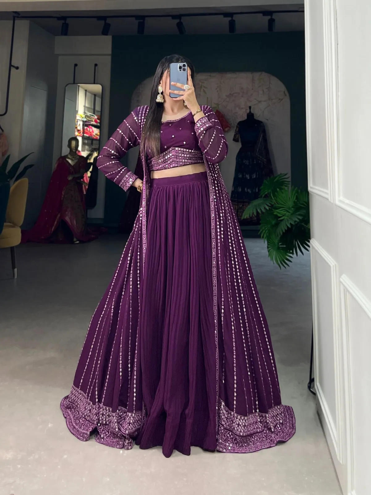 Breathtaking Purple Sequined Georgette Indo-Western Lehenga Set with Elegant Shrug - 3 Pcs