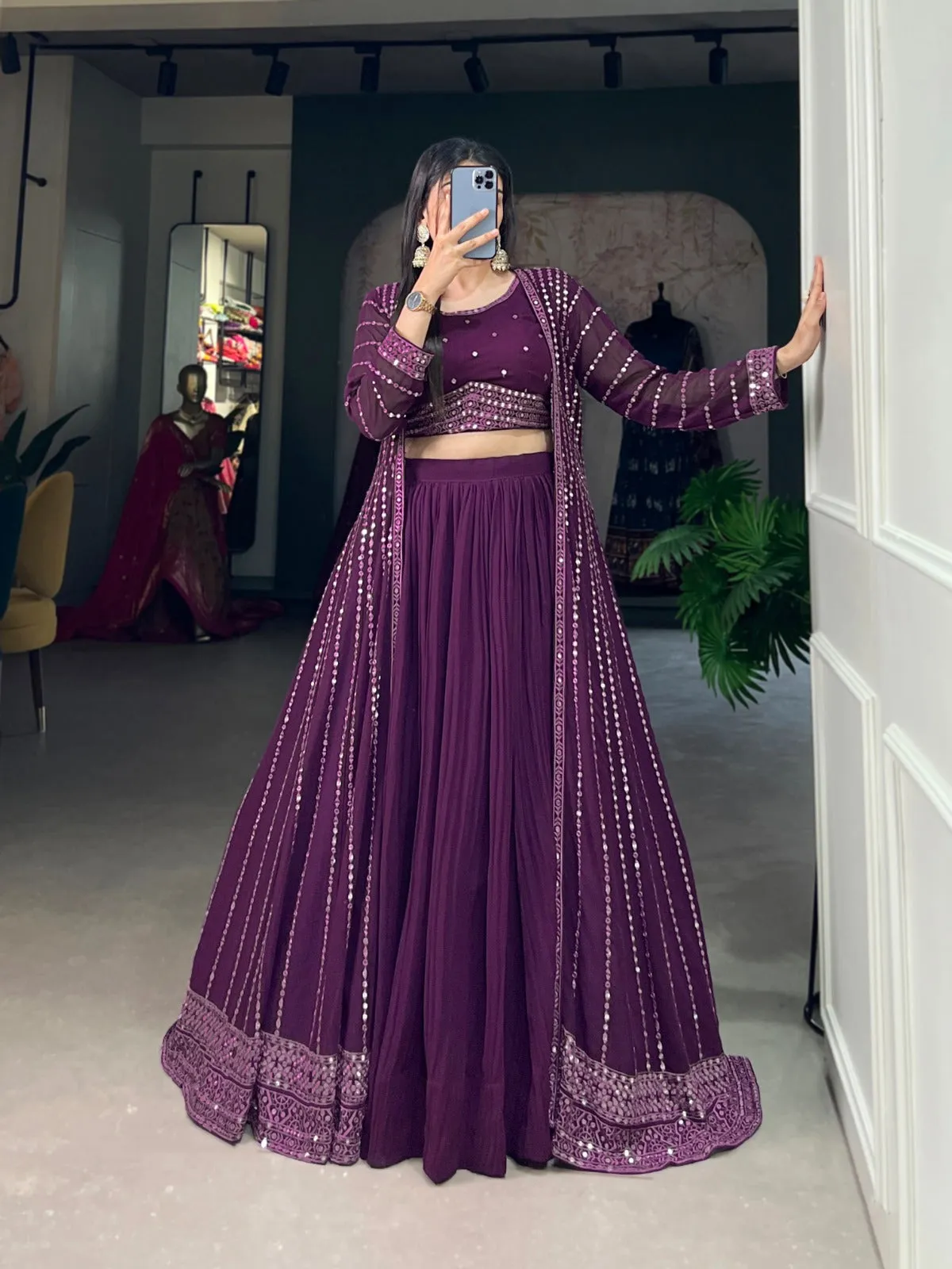 Breathtaking Purple Sequined Georgette Indo-Western Lehenga Set with Elegant Shrug - 3 Pcs