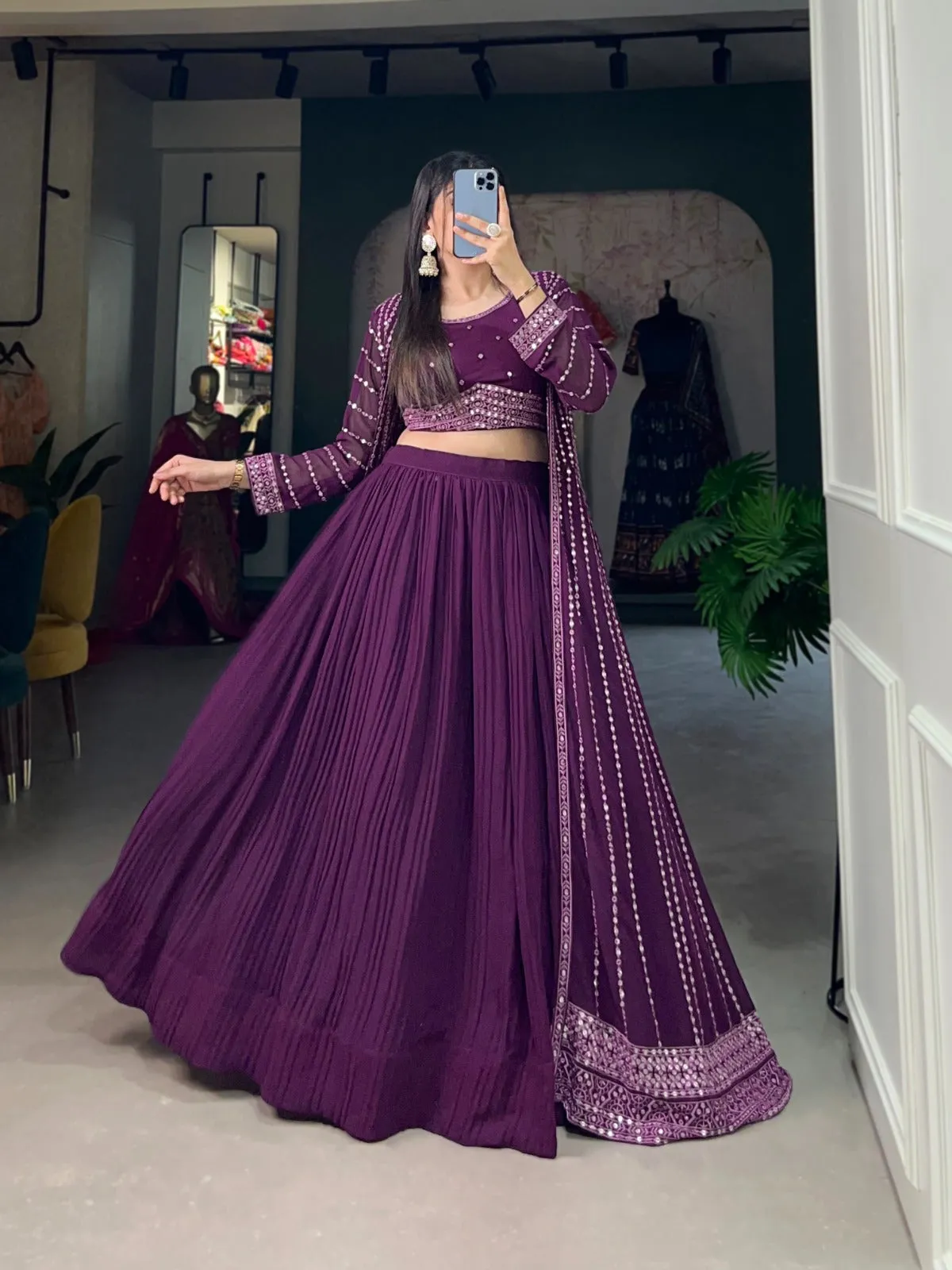 Breathtaking Purple Sequined Georgette Indo-Western Lehenga Set with Elegant Shrug - 3 Pcs