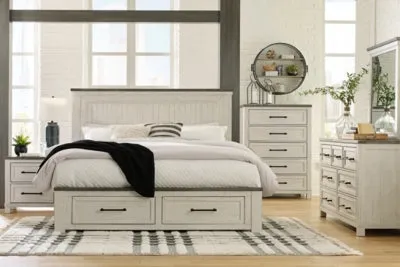 Brewgan King Panel Storage Bed with Mirrored Dresser, Chest and Nightstand