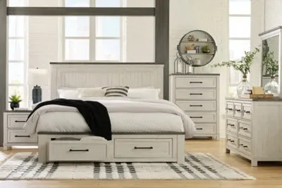 Brewgan King Panel Storage Bed with Mirrored Dresser, Chest and Nightstand