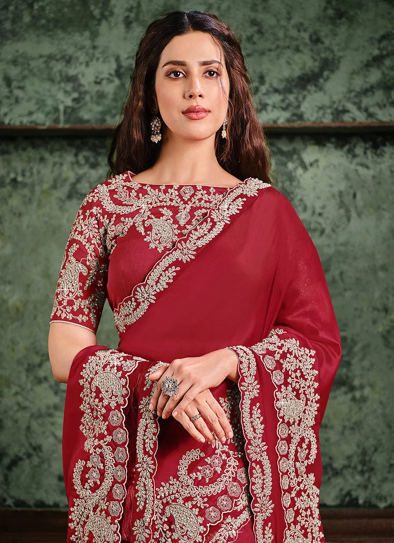 Bridal Red Zari Embroidered Designer Saree