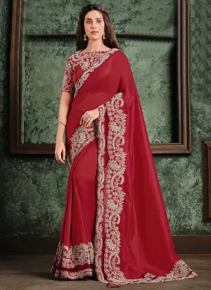 Bridal Red Zari Embroidered Designer Saree