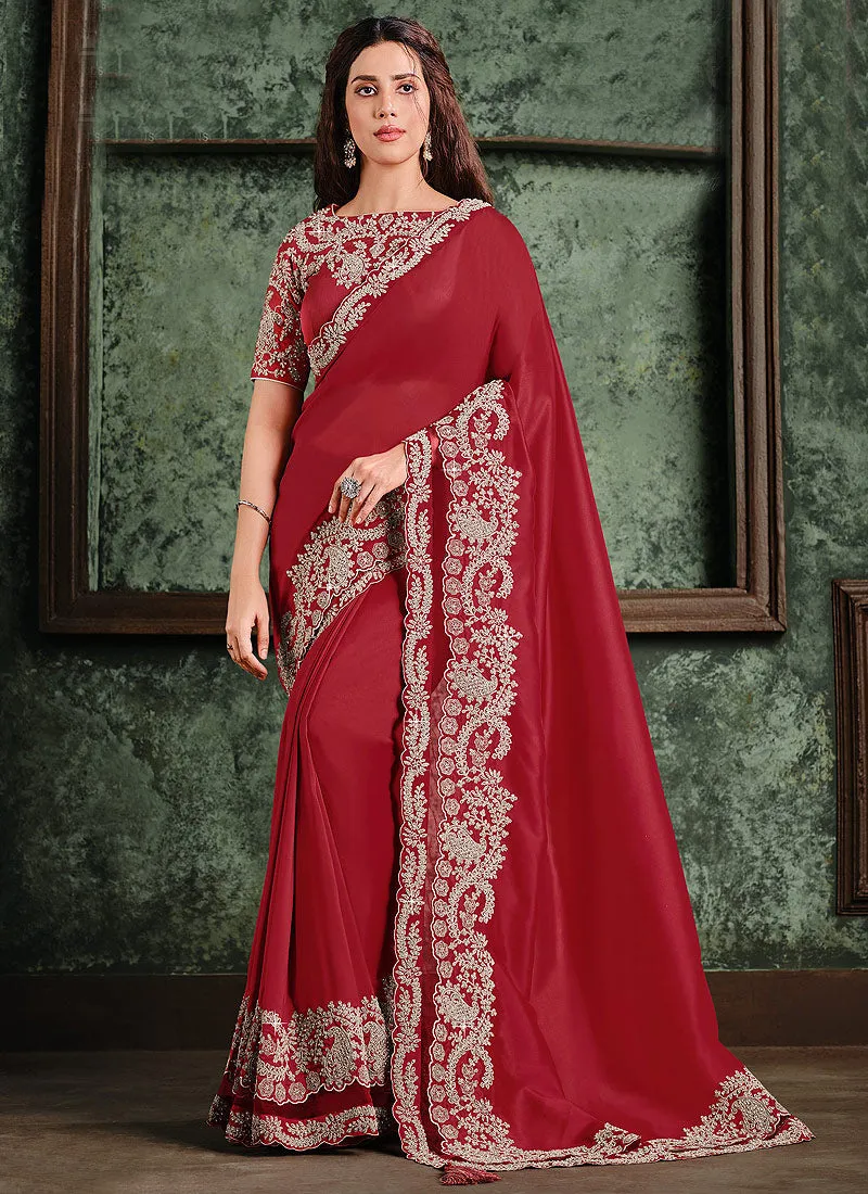 Bridal Red Zari Embroidered Designer Saree