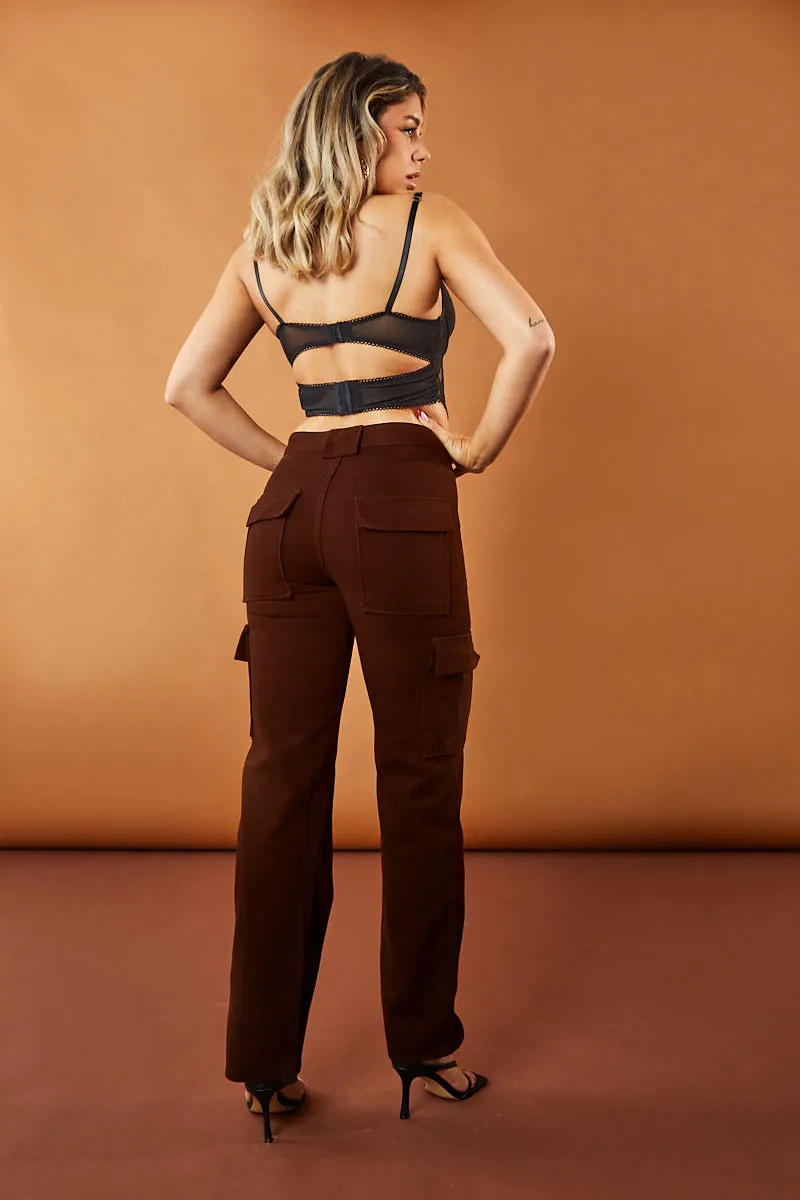 Brown Straight Leg Pocket Detail Cargo Trousers - Paige