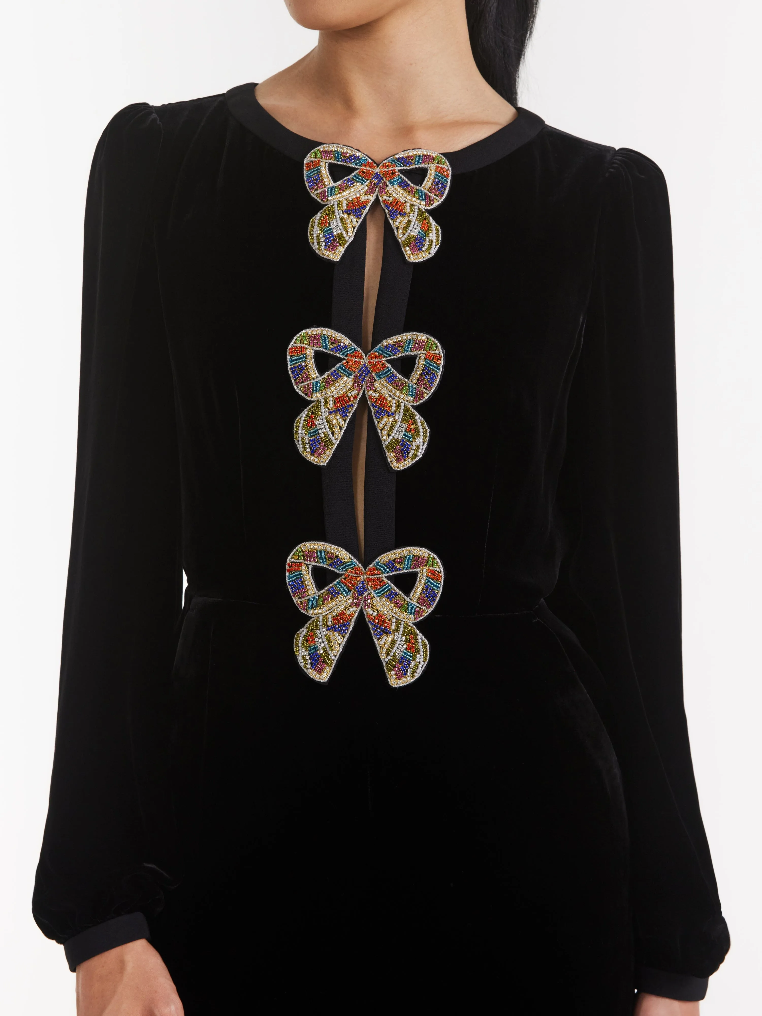 Camille Velvet Embellished Bows Jumpsuit in Black with Rainbow Bows