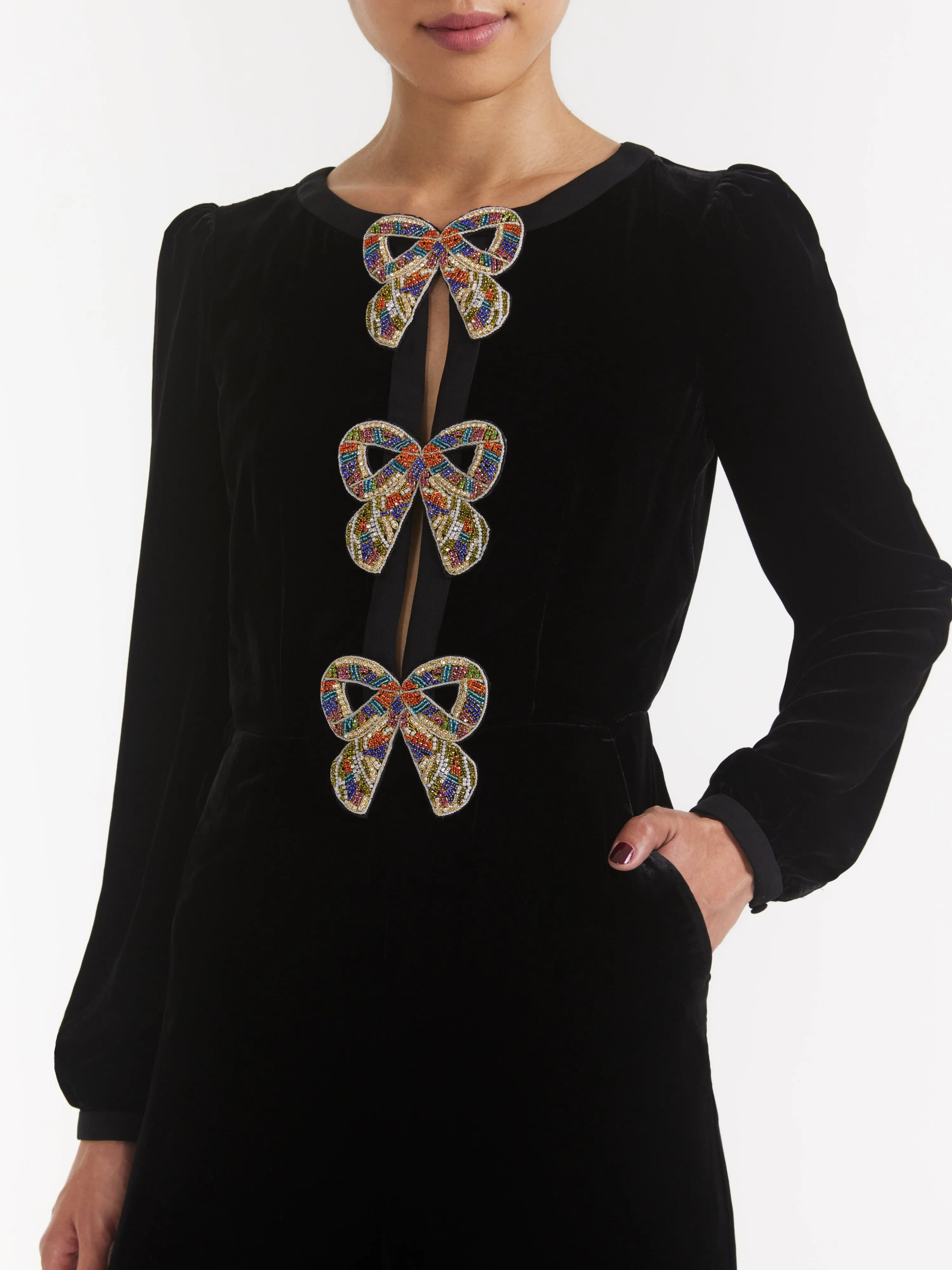 Camille Velvet Embellished Bows Jumpsuit in Black with Rainbow Bows