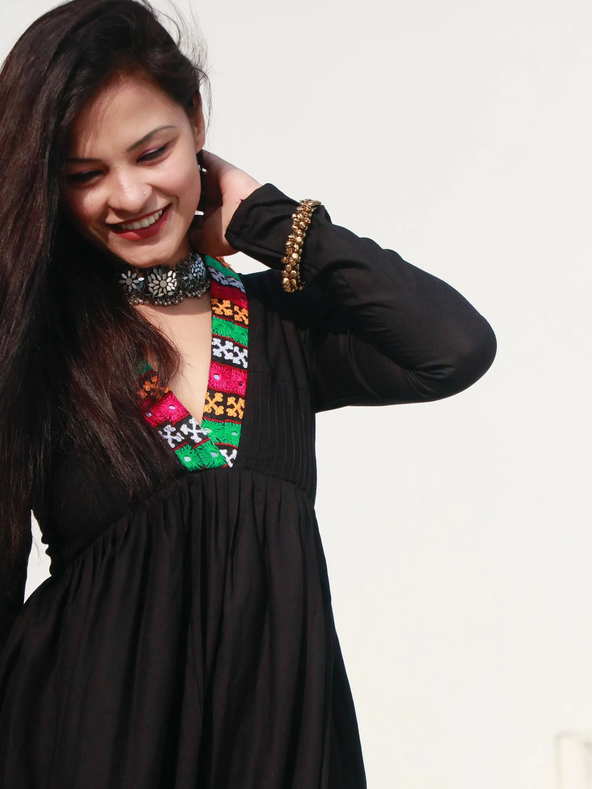 CHIC BLACK KUTCHI HAND WORK KURTA SET