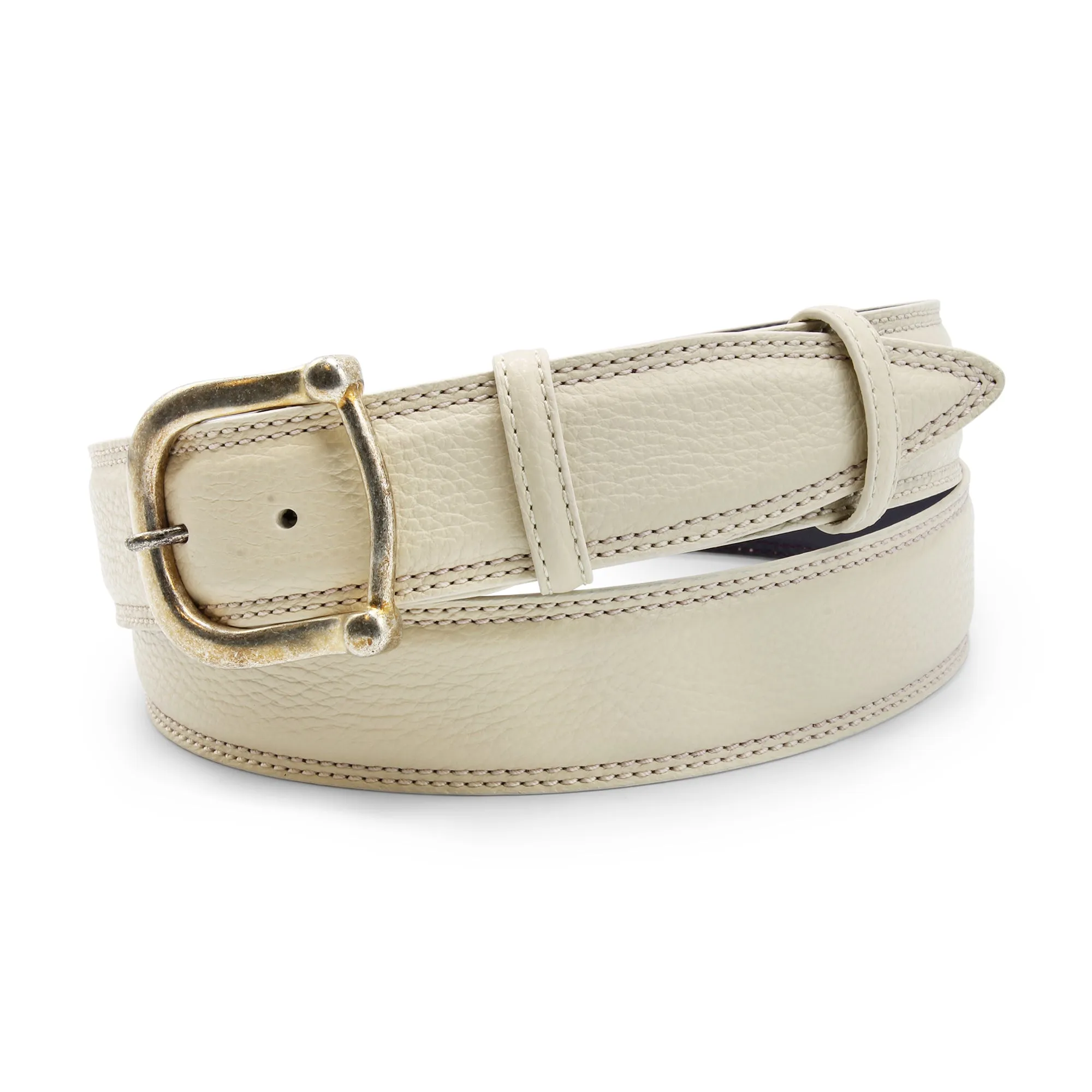 Cream Tumbled Leather Double Stitch Bleached Prong Belt