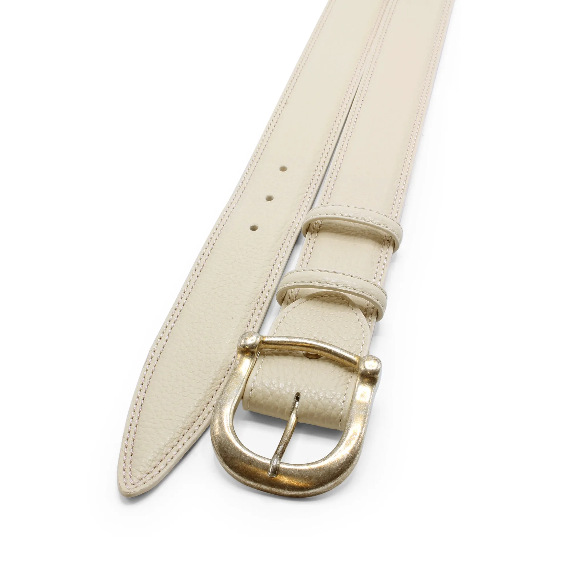 Cream Tumbled Leather Double Stitch Bleached Prong Belt