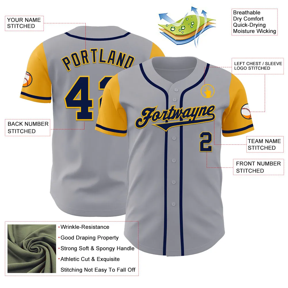 Custom Gray Navy-Gold Authentic Two Tone Baseball Jersey