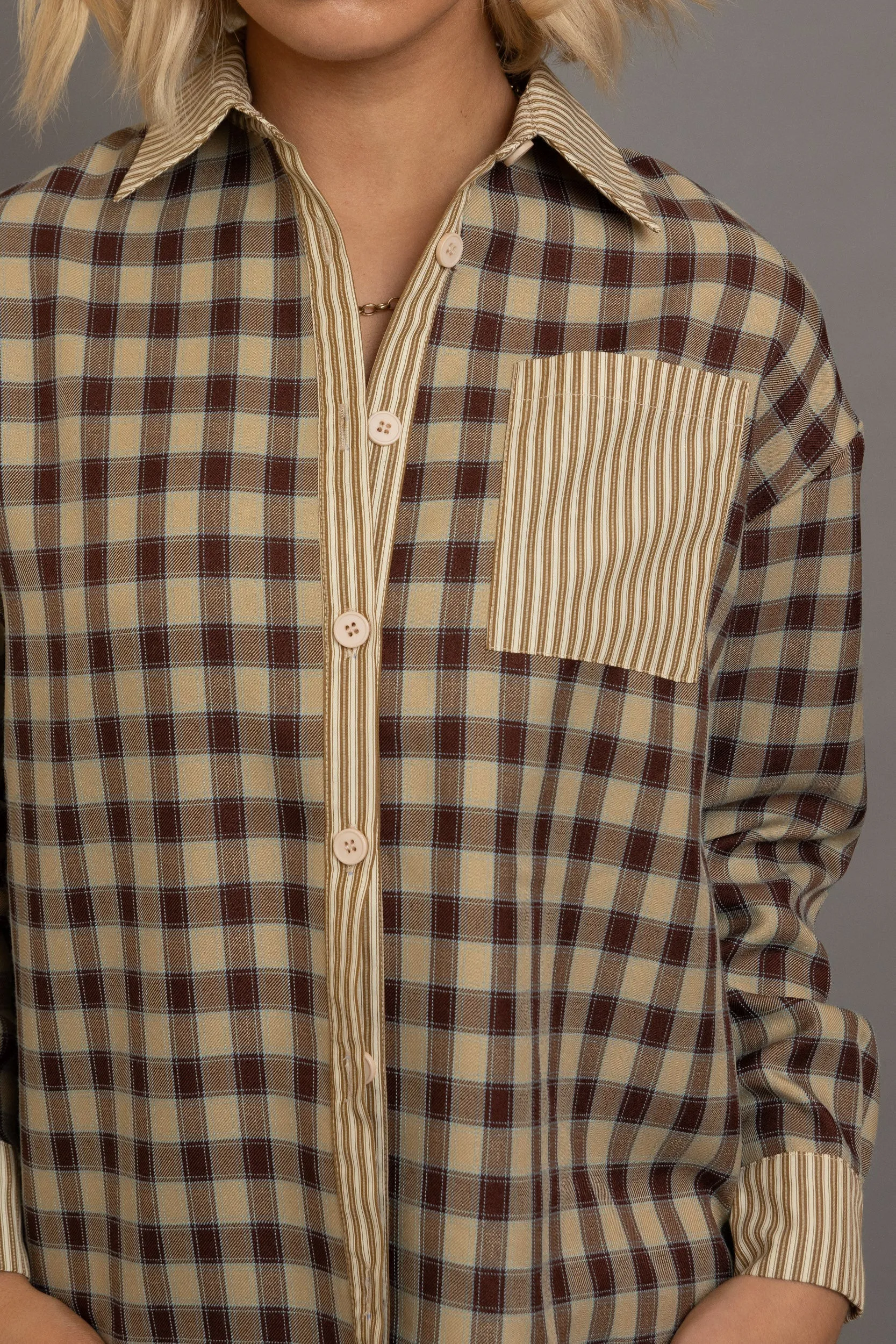 Daisy Street - Oversized Brown Check Shirt with Contrast Pocket