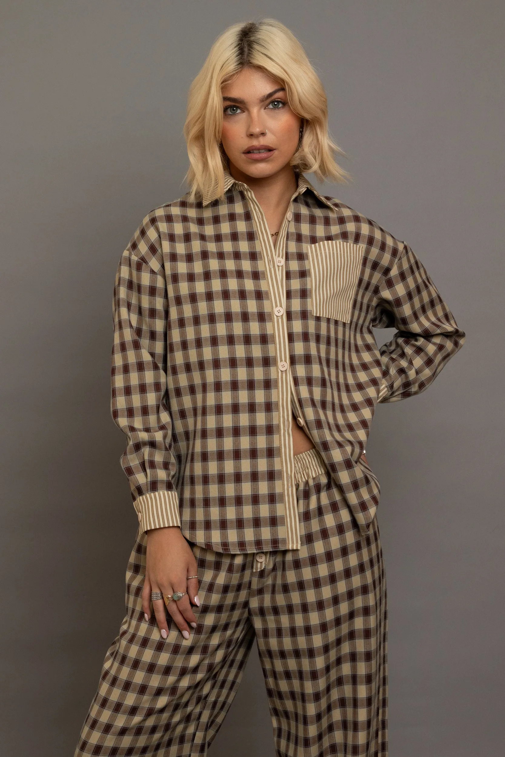 Daisy Street - Oversized Brown Check Shirt with Contrast Pocket