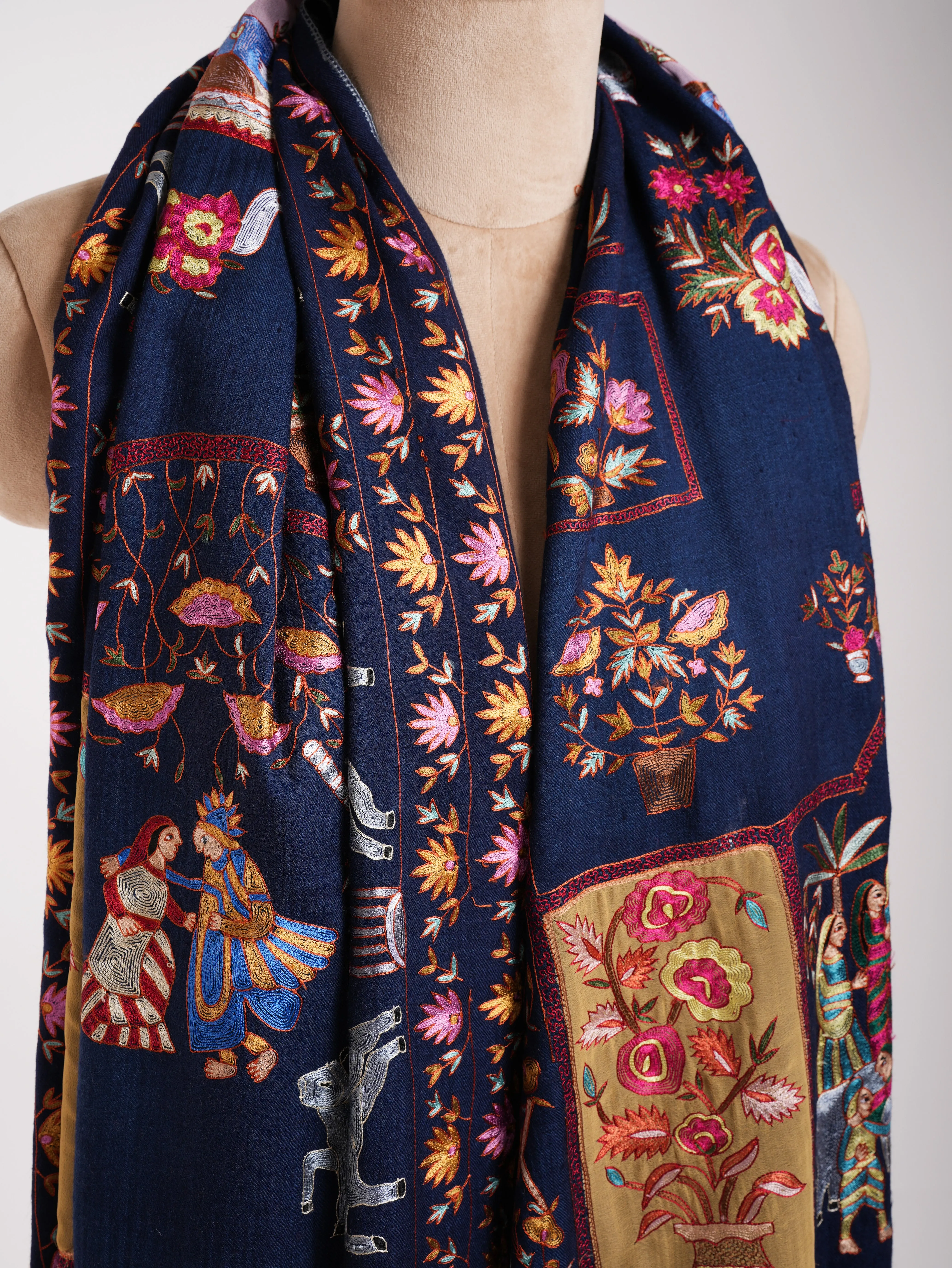 Dark Blue Hand Arty Silk Embroidered Indian Pashmina Shawl