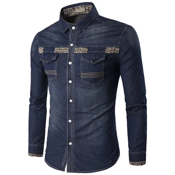 Denim Stylish Shirts for Men Blue Printing Chest Pockets