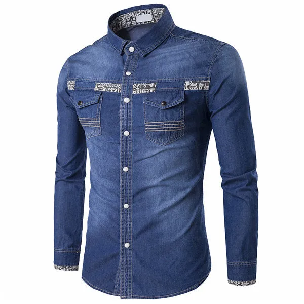 Denim Stylish Shirts for Men Blue Printing Chest Pockets