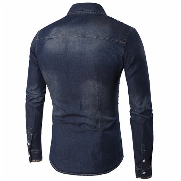 Denim Stylish Shirts for Men Blue Printing Chest Pockets