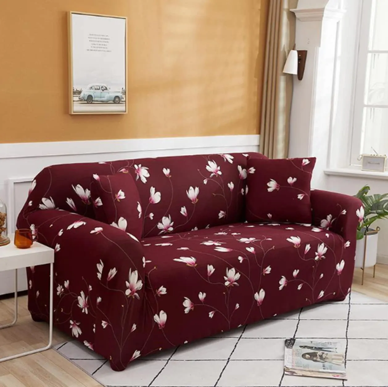 EKRON 3 Seater Elastic Universal Stretchable Sofa Cover with 2 Free Cushion Cover, Polyester (180cm-230cm/Maroon Flower Design)