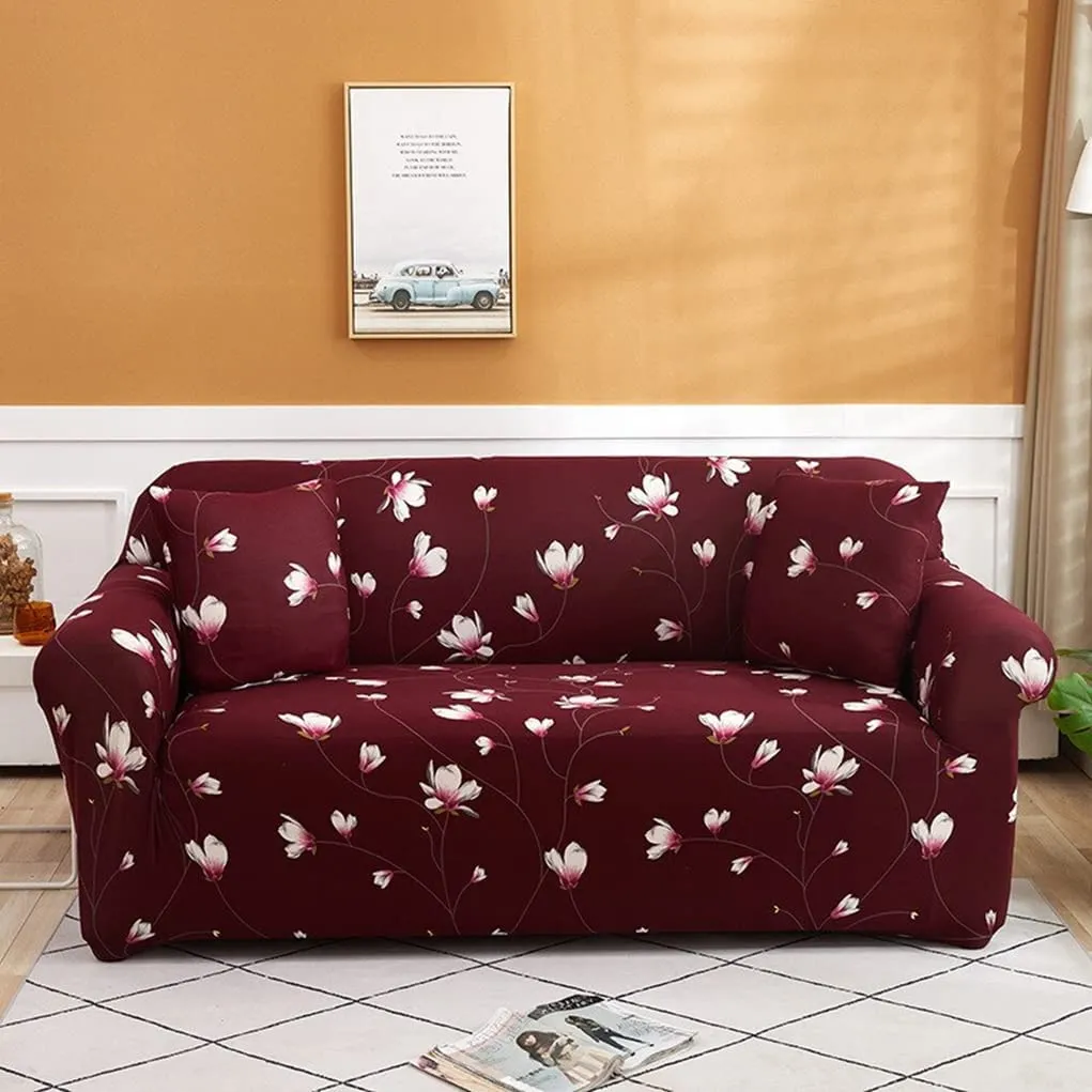 EKRON 3 Seater Elastic Universal Stretchable Sofa Cover with 2 Free Cushion Cover, Polyester (180cm-230cm/Maroon Flower Design)