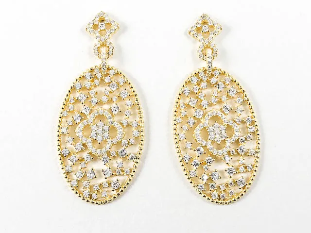 Elegant Beautiful Large Oval Shape CZ Gold Tone Drop Silver Earrings