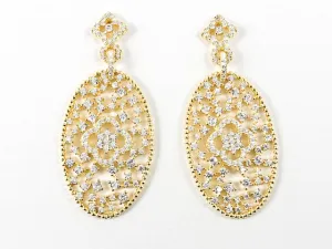 Elegant Beautiful Large Oval Shape CZ Gold Tone Drop Silver Earrings