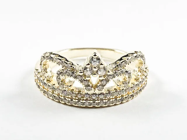 Elegant Crown Shape & Design Gold Tone CZ Silver Ring