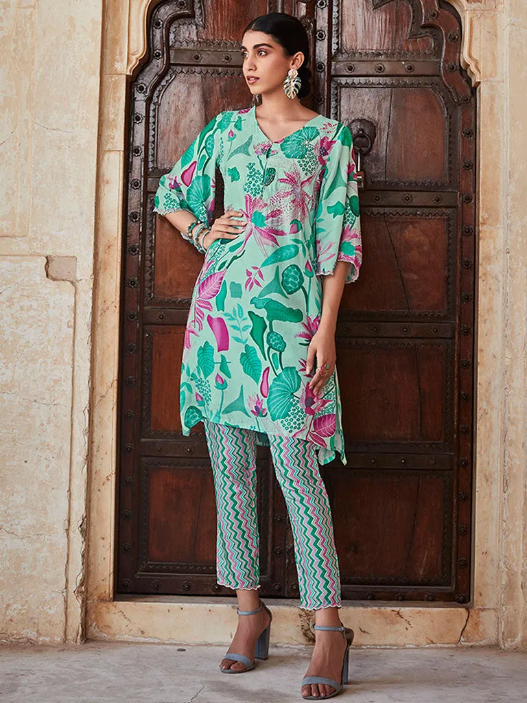 Embellished Blue Kurta With Muslin Printed Trousers