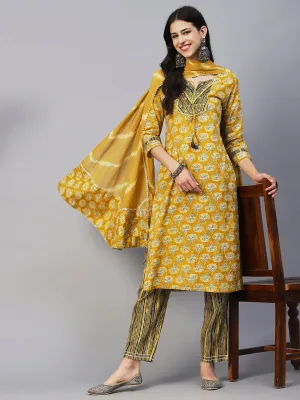 Floral Block Printed Zari Embroidered Kurta With Lehriya Pants & Dupatta - Mustard