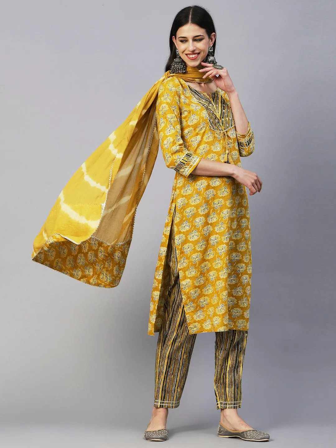 Floral Block Printed Zari Embroidered Kurta With Lehriya Pants & Dupatta - Mustard