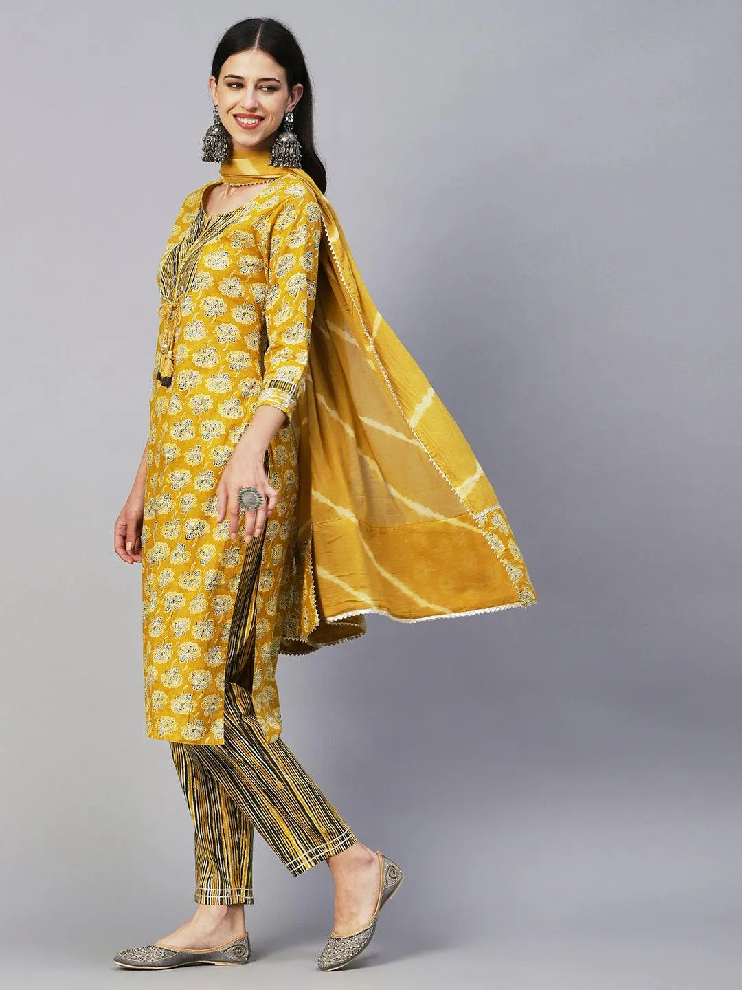 Floral Block Printed Zari Embroidered Kurta With Lehriya Pants & Dupatta - Mustard